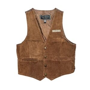 North Bay Vest Mens Medium Brown Leather Western Horseshoe Snap Belted Lined